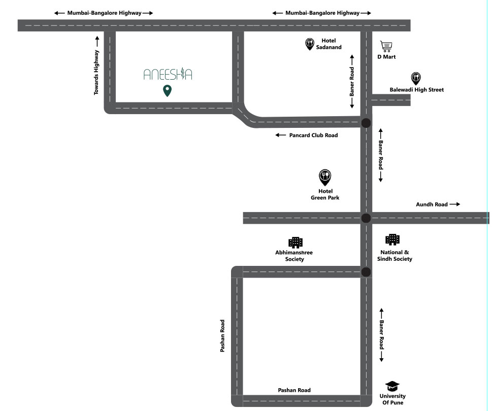 Location map showing the position of Aneesha Residences in Baner, Pune, with nearby landmarks and key areas.